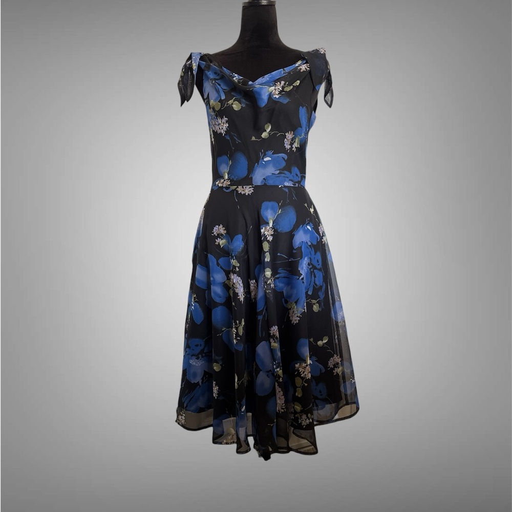 Connected Apparel Blue Floral Fit-and-Flare Dress